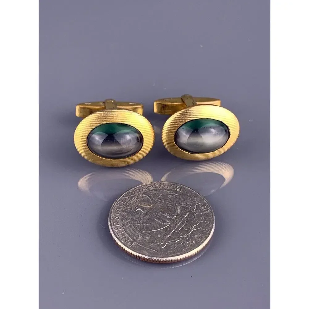 Green Stripes Glass Cufflinks 1/20 12k Gold Filled White Lines Art Deco Vintage